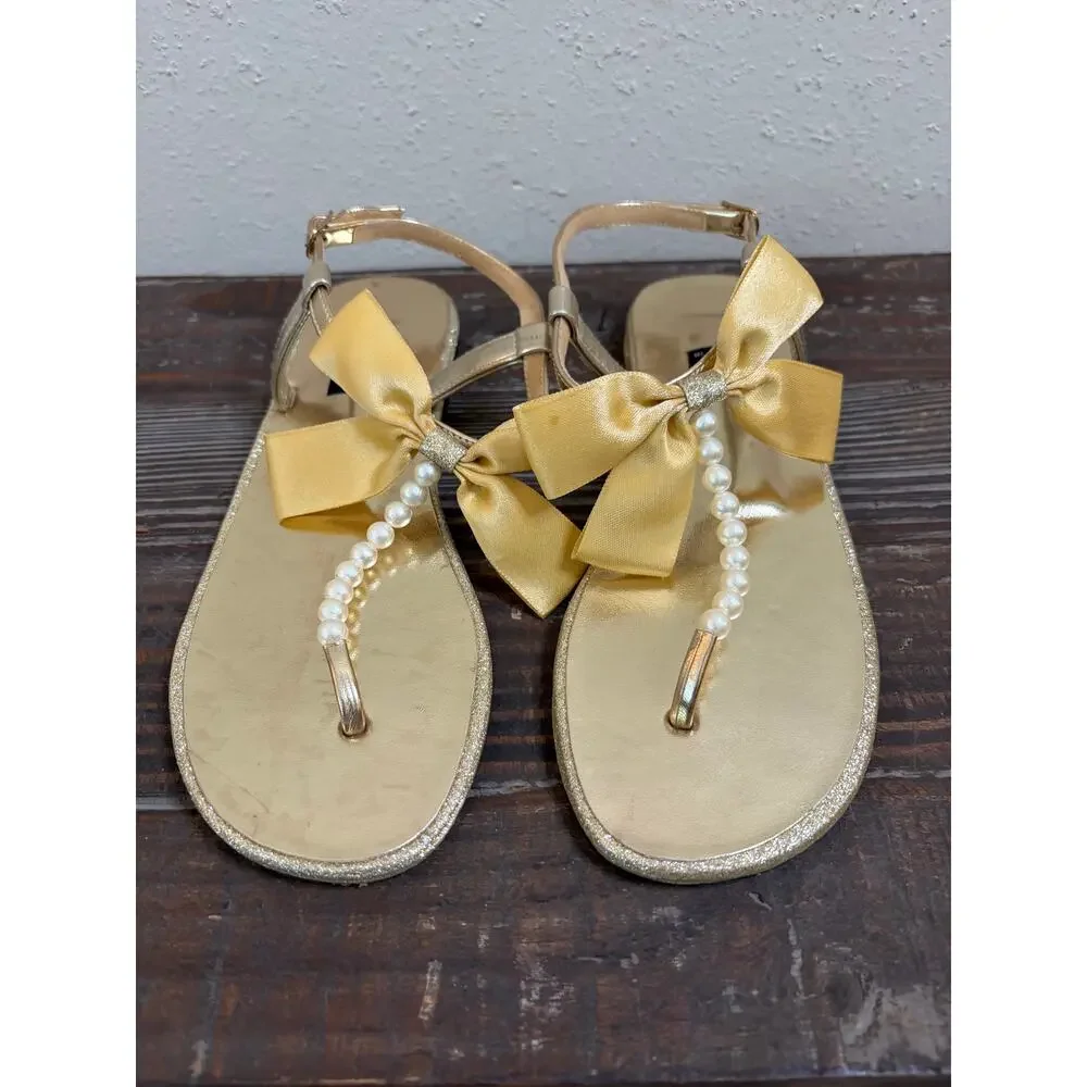 Gold Metallic Sandal With Bow and Pearls Girls Size 4.5